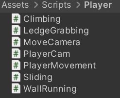 Tous les scripts, dans l'éditeur Unity.