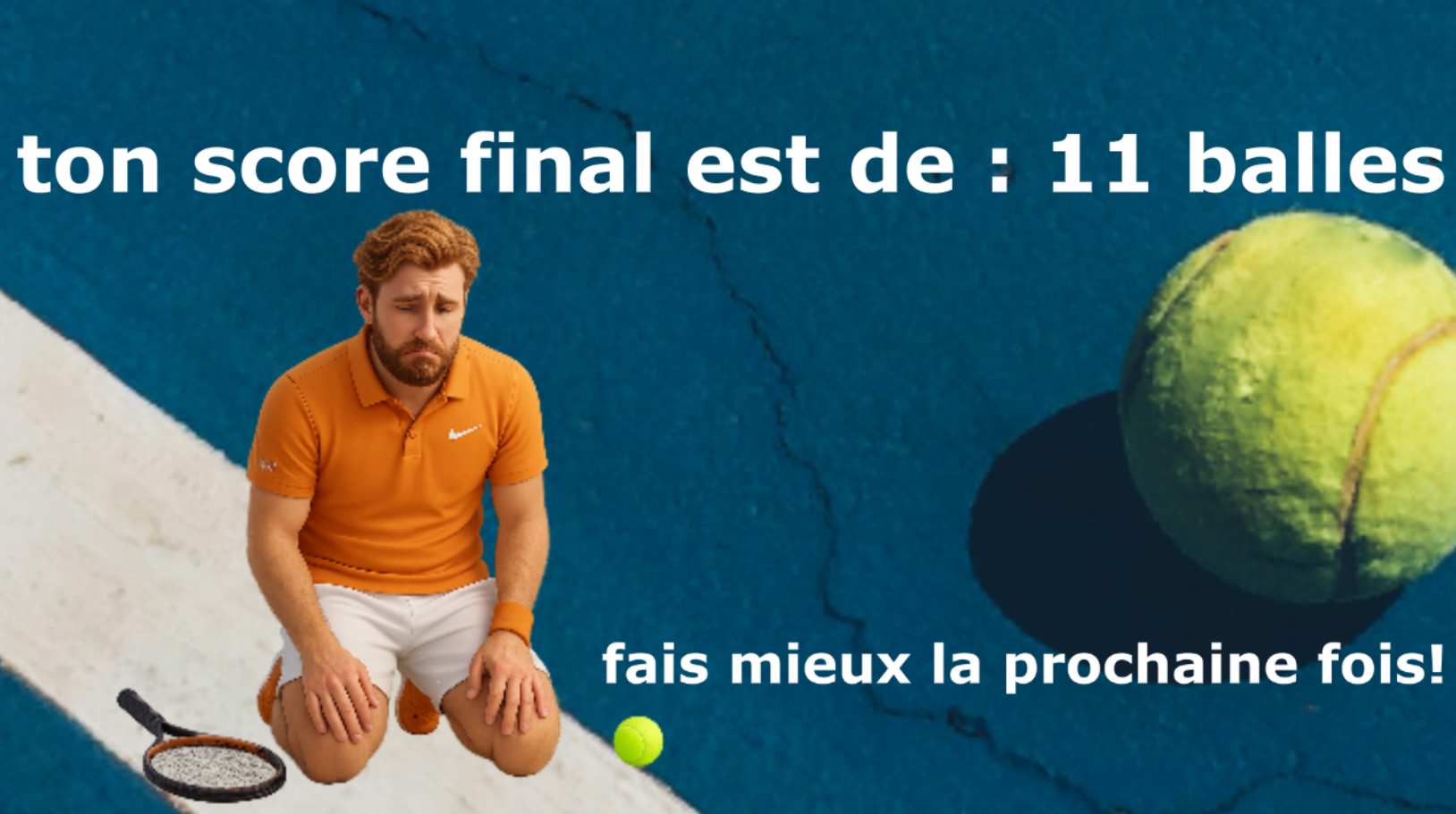 joueur de tennis, déçu d'avoir fait entrer seulement 11 balles.