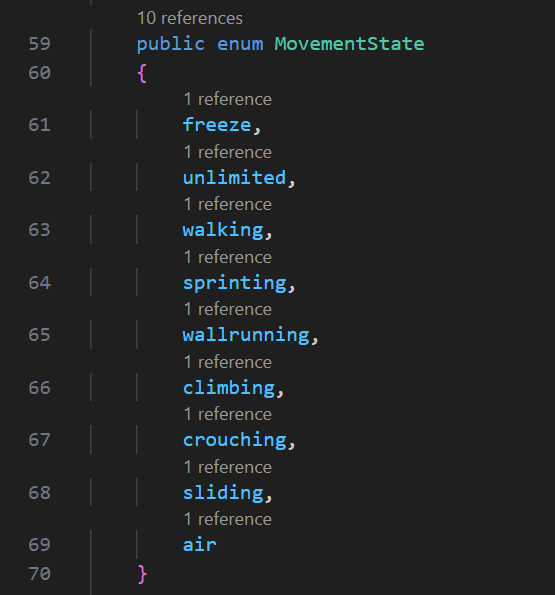 énumération des différents états de mouvement possibles