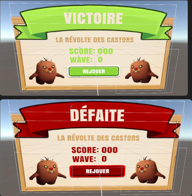 Les UI pour si tu gagnes ou perds la ronde de défense.